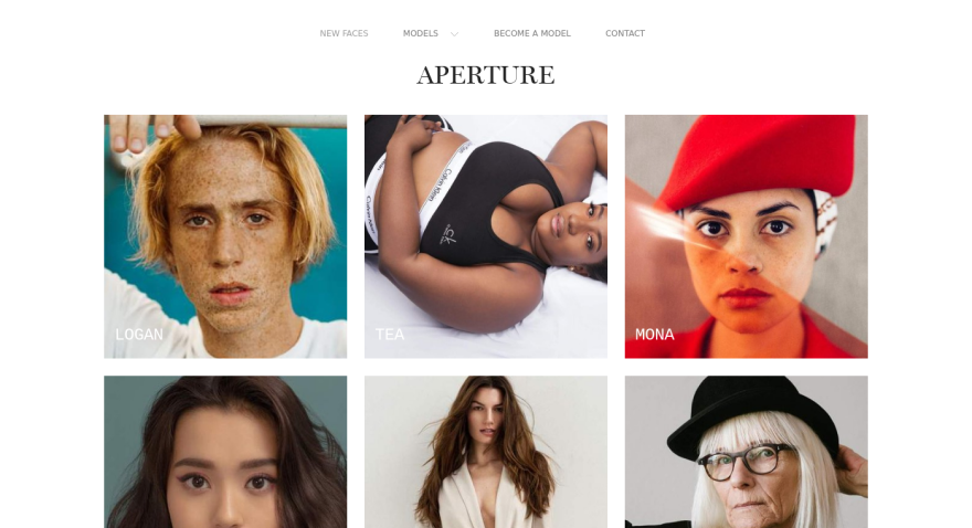 Aperture website showcasing six diverse models: Logan, Tea, Mona, and three others