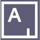 Black uppercase A in a dark gray square with a black border and small vertical line in bottom right corner