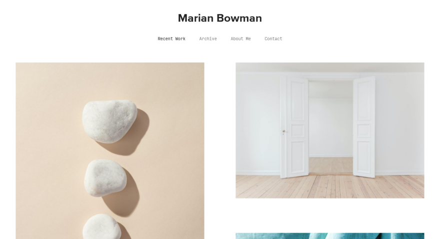 Marian Bowman portfolio: three images; white stones on beige, open white doors in a room, teal fabric