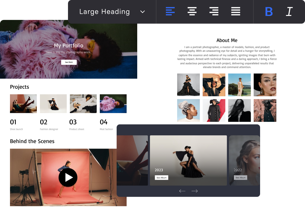 Photographer's portfolio website showcasing fashion photography projects and behind-the-scenes video
