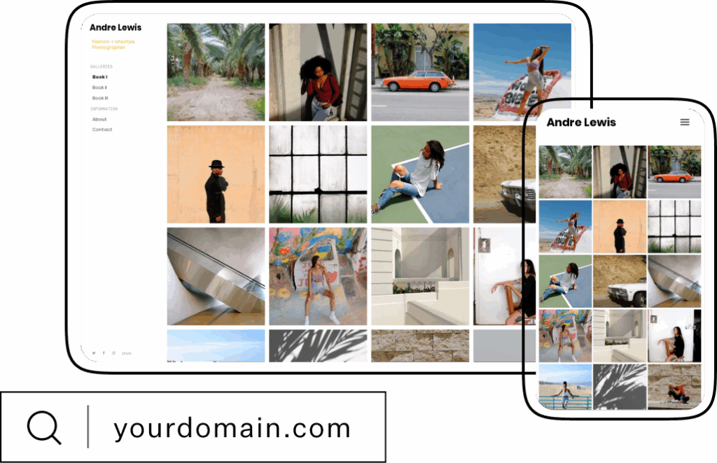 Andre Lewis's photography portfolio website displayed on tablet and phone; showcasing fashion and lifestyle images in a gr...