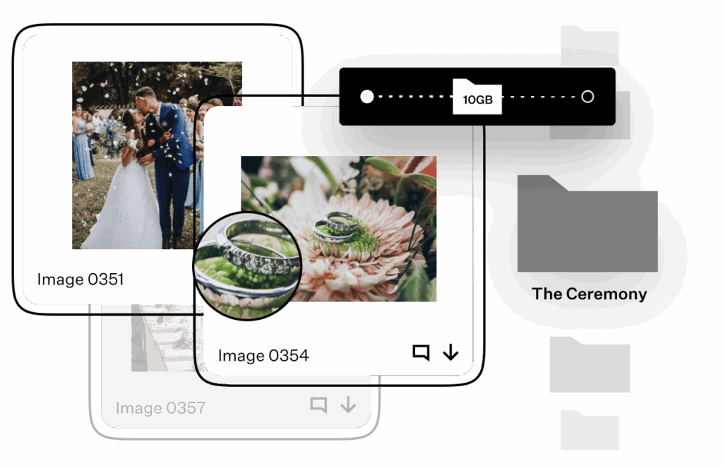Wedding photos (bride and groom, rings, reception detail) totaling 10GB