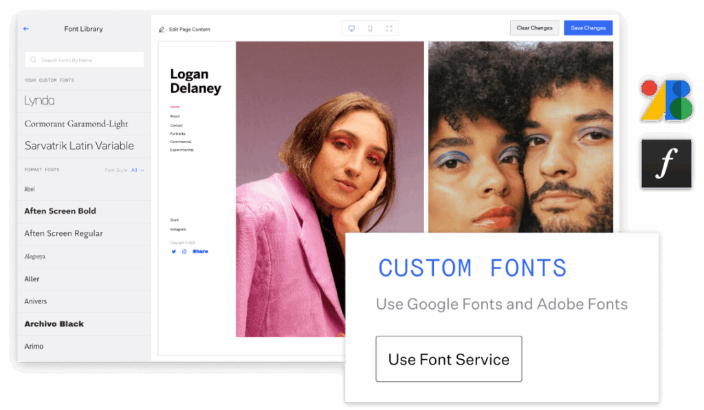 Website interface showcasing custom fonts; images of models with colorful makeup; Google Fonts and Adobe Fonts logos
