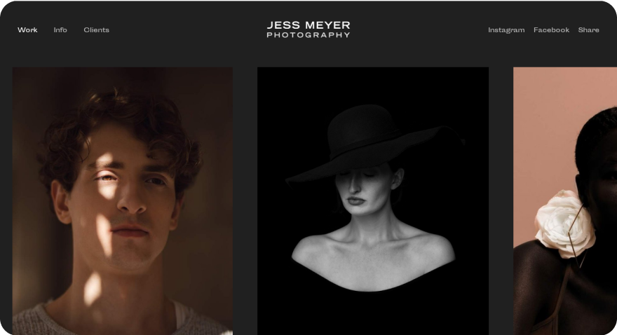 Jess Meyer Photography portfolio: three portraits; man, woman in hat (monochrome), and woman with large flower earring