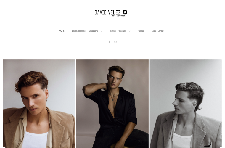 Three photos of a male model: one in a tan jacket, one in a black shirt, and one in a monochrome tan jacket