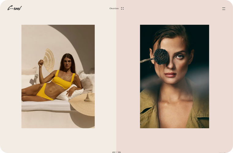 Two photos of a model: one in a yellow bikini, holding a fan; the other, close-up, with a dried flower covering one eye