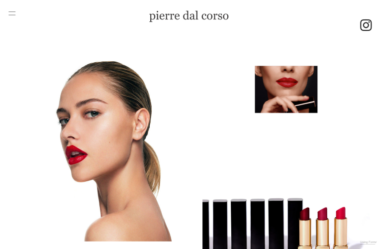 Woman with red lipstick, lipstick tubes, and Pierre Dal Corso branding