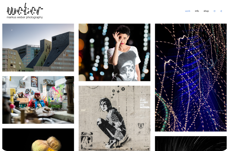Markus Weber photography portfolio: diverse images including architecture, portraits, street art, and light trails