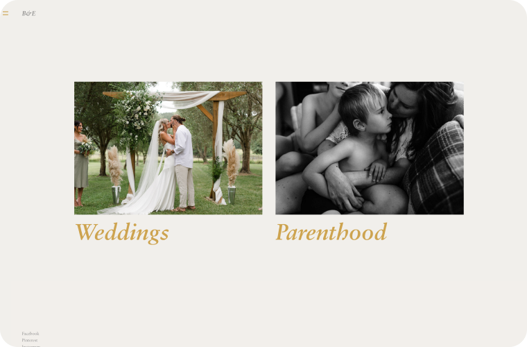 Two photos: a wedding couple kissing under an arch, and a black and white image of a mother and child embracing. Weddings ..