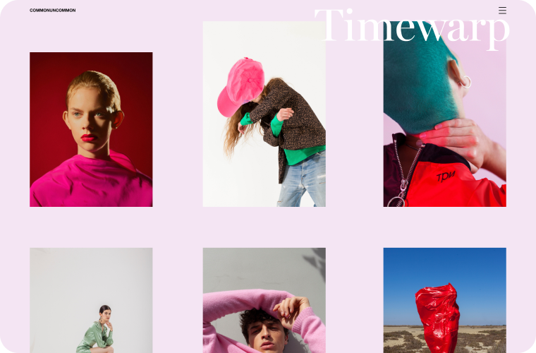Grid of fashion photography; models in vibrant clothing and bold poses. Timewarp title