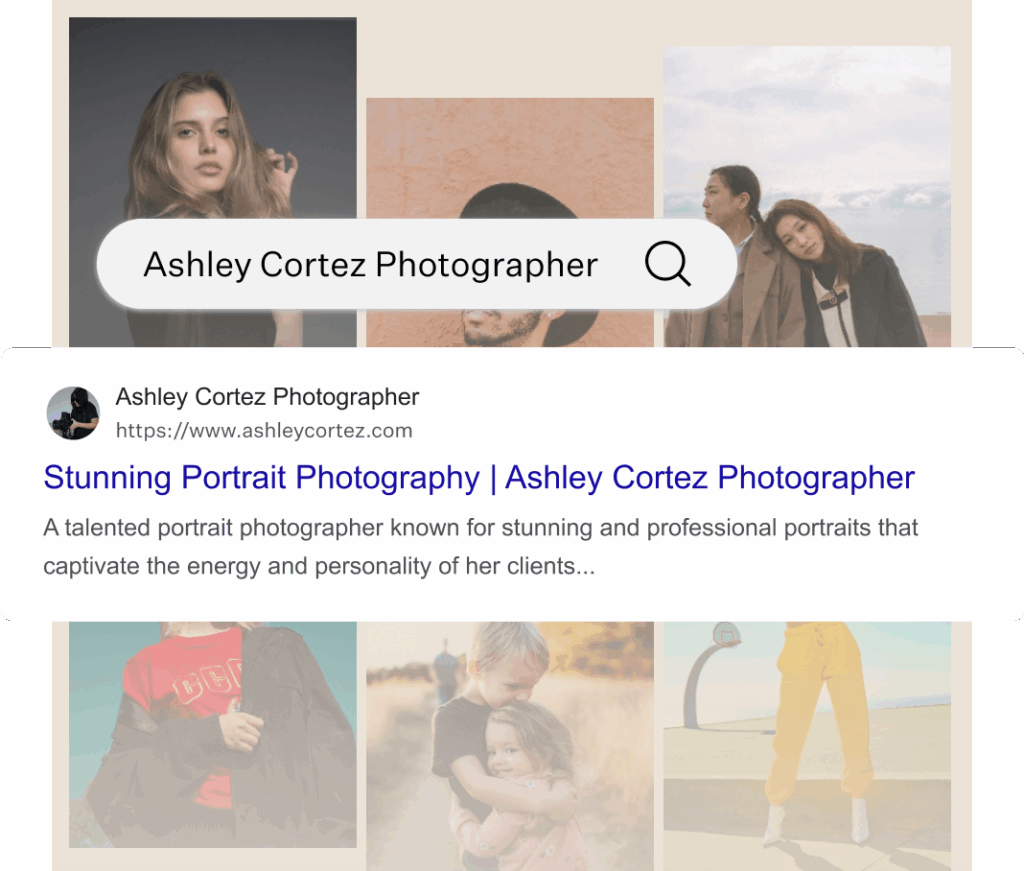 Ashley Cortez Photographer website; collage of diverse portrait photos; Stunning Portrait Photography tagline